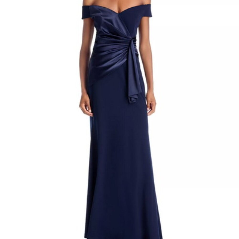 Eliza J Women's Navy Blue Mixed Media Off the Shoulder Gown Dress